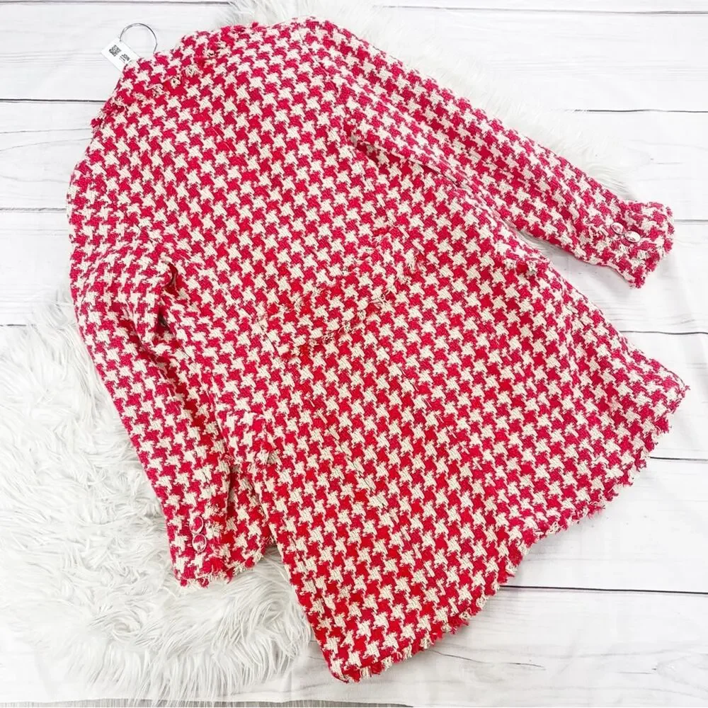 Zara Houndstooth Women's Tweed Textured Lapel Collar Coat Jacket‎ in Red Size XS